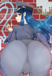  1girl against_wall annoyed ass blue_hair from_behind green_eyes hat huge_ass leaning leaning_forward long_hair looking_at_viewer looking_back minkeye original pants pantylines police policewoman shiny shiny_hair solo uniform 