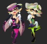  absurd_res bare_shoulders callie_(splatoon) cephalopod clothing dress duo female hat hi_res humanoid inkling jewelry looking_at_viewer marie_(splatoon) marine nintendo official_art one_eye_closed open_mouth pointy_ears sharp_teeth sibling simple_background splatoon squid squid_sisters_(splatoon) teeth tentacles video_games wink yellow_eyes 