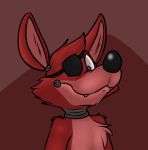  abstract_background animatronic anthro black_nose bust_portrait canine cheek_tuft chest_tuft countershade_face countershade_torso countershading eye_patch eyewear fangs five_nights_at_freddy&#039;s fox foxy_(fnaf) fur head_tuft machine male mammal multicolored_fur nude portrait red_background red_countershading red_fur robot rotten_robbie shoulder_tuft simple_background smile solo tuft two_tone_fur video_games 