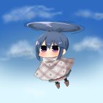  blue_hair blush chibi cloud commentary_request day doraemon flying helicopter_hair long_hair long_sleeves parody purple_eyes scarf shima_rin solo takecopter twumi yurucamp 