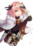  ;o astolfo_(fate) bangs black_bow blush bow braid commentary_request fang fate/apocrypha fate/grand_order fate_(series) garter_straps gomano_rio hair_ribbon highres looking_up male_focus one_eye_closed otoko_no_ko pink_hair purple_eyes ribbon single_braid sword weapon 
