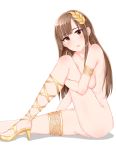  ankle_lace-up armlet blush braid breasts brown_eyes brown_hair commentary_request convenient_leg cross-laced_footwear hair_ornament high_heels highres idolmaster idolmaster_cinderella_girls idolmaster_cinderella_girls_starlight_stage long_hair looking_at_viewer medium_breasts mizumoto_yukari nude parted_lips shirushiru_(saitou888) simple_background sitting sketch smile solo thighlet white_background 