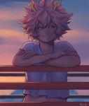  arm_rest artist_name ashido_mina backlighting black_sclera boku_no_hero_academia closed_mouth commentary crossed_arms half-closed_eyes highres horns keiid leaning_on_object looking_at_viewer medium_hair messy_hair midriff outdoors purple_hair purple_skin railing shirt smile solo stomach t-shirt twilight upper_body white_shirt yellow_eyes 