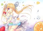 ;d apple bangs blonde_hair blue_bow blush bow bracelet commentary_request dress eyebrows_visible_through_hair fingernails food fruit hair_between_eyes hair_bow head_tilt high_heels highres holding holding_food holding_fruit holding_spoon jewelry kiwi_slice kohinata_hoshimi long_hair looking_at_viewer one_eye_closed open_mouth original oversized_object purple_eyes red_apple sleeveless sleeveless_dress smile solo spoon standing standing_on_one_leg strawberry twintails very_long_hair water_drop white_dress white_footwear 
