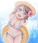  :d anchor_necklace arms_behind_back backlighting bare_shoulders bikini blue_eyes blue_ribbon blurry blurry_background blush breasts brown_hat cleavage collarbone cowboy_shot depth_of_field flower from_above groin h.i.t_(59-18-45) hair_flower hair_ornament hair_tie hat hibiscus highres innertube jewelry leaning_forward looking_at_viewer looking_up love_live! love_live!_sunshine!! low_twintails medium_breasts necklace open_mouth pendant pink_flower ribbon round_teeth short_hair side-tie_bikini smile solo standing striped striped_bikini sun_hat sweat swimsuit teeth twintails watanabe_you wide_hips 