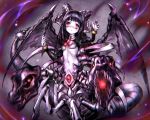  bangs black_hair blood bone bracelet chest_jewel commentary_request demon_girl detached_sleeves elf emil_chronicle_online eyebrows_visible_through_hair horns insect_girl jewelry long_hair looking_at_viewer monster_girl nakasaki_hydra navel open_mouth pointy_ears red_eyes sharp_teeth spider_girl spider_legs spike_ball tail teeth wings 