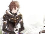  ahoge armor brown_hair closed_eyes coffee cup fingerless_gloves gloves granblue_fantasy hood hoodie male_focus mithuki3 mug sandalphon_(granblue_fantasy) short_hair smile solo 