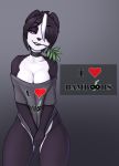  2018 absurd_res anthro bamboo bear bottomless breasts captainpudgemuffin cleavage clothed clothing digital_media_(artwork) english_text female gradient_background hair hair_over_eye hi_res looking_at_viewer mammal off_shoulder panda purple_eyes short_hair simple_background solo text 