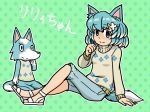  2018 3_fingers 5_fingers alternate_species animal_crossing animal_humanoid anthro biped black_eyes blue_fur blue_hair blue_tail blush bottomless brown_nose canine cheek_tuft clothed clothing denim digital_drawing_(artwork) digital_media_(artwork) dipstick_tail dotted_background duo eyelashes female fluffy fluffy_tail footwear front_view fur gloves_(marking) green_background hair hair_ornament handpaw humanoid humanoidized japanese_text kemono kneeling looking_away mammal markings multicolored_fur multicolored_hair multicolored_tail muzzle_(marking) nintendo pattern_background pawpads paws pink_pawpads plantigrade raised_arm raised_leg sandals shirt short_hair shorts side_view simple_background sitting skye_(animal_crossing) smile snout square_crossover star★man sweater tan_skin tank_top text translated tuft two_tone_fur two_tone_hair two_tone_tail video_games white_fur white_hair white_tail wolf wolf_humanoid 