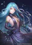  aqua_(fire_emblem_if) black_dress blue_hair breasts cleavage commentary_request commission dark_duck dress elbow_gloves fire_emblem fire_emblem_if gloves highres jewelry long_hair looking_at_viewer low-tied_long_hair medium_breasts necklace smile solo yellow_eyes 
