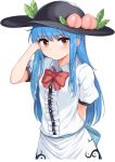  arm_behind_back arm_up bangs black_hat blush bow bowler_hat bowtie center_frills closed_mouth commentary cowboy_shot eyebrows_visible_through_hair food frilled_shirt frills fruit hand_in_hair hat hat_ornament hinanawi_tenshi leaf long_hair looking_at_viewer momoiro_lettuce peach puffy_short_sleeves puffy_sleeves red_bow red_eyes red_neckwear shirt short_sleeves sidelocks simple_background skirt solo standing straight_hair sweatdrop tareme touhou white_background white_skirt 