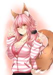  animal_ears blush bra breasts cleavage collarbone fate/extra fate/extra_ccc fate_(series) fox_ears fox_tail highres jewelry large_breasts looking_at_viewer nail_polish necklace open_clothes open_shirt pink_bra pink_hair rua_(abcd29211) shirt solo striped striped_shirt tail tamamo_(fate)_(all) tamamo_no_mae_(fate) twintails underwear yellow_eyes 