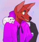  2017 amber_eyes anthro black_fur bust_portrait canine claws clothing cub erecpurroda eyes_closed feral freckles fur hoodie lagomorph looking_at_viewer male mammal on_shoulder portrait pyrocynical rabbit red_fur sailormoonfan666 size_difference smile teeth twitter white_fur young 