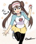  bad_id bad_pixiv_id blue_eyes breasts brown_hair commentary_request double_bun gensi holding holding_poke_ball legwear_under_shorts long_hair medium_breasts mei_(pokemon) pantyhose poke_ball poke_ball_(generic) pokemon pokemon_(game) pokemon_bw2 raglan_sleeves shorts solo twintails visor_cap 