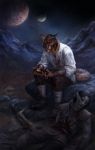  2018 5_fingers anthro black_hair blood brown_fur clothed clothing dark_elf death detailed_background digital_media_(artwork) duo elf feline fur hair humanoid khajiit male mammal moon night outside sitting sky skyrim star starry_sky the_elder_scrolls video_games whiskers wolnir 