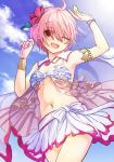  ;o ahoge armlet bikini bow bracelet breasts cloud cowboy_shot cyclamen_(flower_knight_girl) day detached_collar eyebrows_visible_through_hair flower flower_knight_girl frills hair_flower hair_ornament jewelry medium_breasts navel one_eye_closed open_mouth pink_eyes pink_hair see-through short_hair sky solo swimsuit underboob white_bikini white_bow yuuji_(yujikazakiri) 