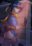  anthro arcticorange butt clothed clothing legwear looking_at_viewer male mammal melee_weapon outside polearm procyonid raccoon scythe sly_cooper sly_cooper_(series) smile solo standing thigh_highs video_games weapon 