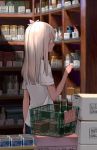  arm_at_side basket blonde_hair blue_eyes blush bottle box cardboard_box closed_mouth dark_skin day from_side fujibejifu hair_ribbon indoors jar kantai_collection long_hair protected_link ribbon ro-500_(kantai_collection) shelf shiny shiny_hair shirt shop shopping short_sleeves smile solo straight_hair sunlight upper_body white_shirt 