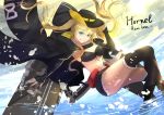  azur_lane black_bikini_top black_cape black_footwear black_gloves black_hat black_legwear black_shorts blonde_hair boots breasts cape character_name cleavage commentary_request copyright_name cowboy_hat dutch_angle elbow_gloves fingerless_gloves flight_deck floating_hair front-tie_bikini front-tie_top gloves green_eyes hand_on_own_headwear hat hornet_(azur_lane) koroneko_p0w0q medium_breasts ocean outdoors outstretched_arm rigging short_shorts shorts sketch smile solo standing standing_on_liquid sunlight thighhighs twintails 