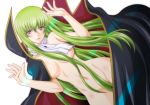  bangs black_cape breasts brown_eyes c.c. cape cleavage code_geass cosplay cravat green_hair hair_censor hair_over_crotch kaname_aomame long_hair looking_at_viewer medium_breasts nude parted_lips simple_background solo very_long_hair white_background white_neckwear zero_(code_geass) zero_(code_geass)_(cosplay) 