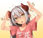  :o arms_up brown_eyes clothes_writing demon_horns dodome-iro_mayonnaise flying_sweatdrops gradient gradient_background horns long_hair looking_up original pointy_ears red_shirt shirt silver_hair slit_pupils solo t-shirt upper_body 