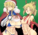  2girls abs arms_behind_back artoria_pendragon_(all) artoria_pendragon_(lancer) bangs bikini blonde_hair blue_bikini blush braid breasts cake cape choker christmas cleavage collarbone crown erect_nipples fate/grand_order fate_(series) french_braid fur-trimmed_cape gauntlets green_eyes hair_ornament large_breasts leash long_hair mordred_(fate) mother_and_daughter multiple_girls muscular_female navel ponytail red_bikini red_cape red_nose red_scrunchie reindeer_antlers santa_hat scrunchie slice_of_cake strawberry_shortcake swimsuit white_background 