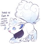  2018 alolan_vulpix ambiguous_gender blue_eyes canine cape clothing cute cute_fangs dialogue dirty_talk english_text fangs feral fur hexeix looking_at_viewer mammal multi_tail nintendo paws pok&eacute;mon pok&eacute;mon_(species) regional_variant signature simple_background solo sparkle text video_games white_fur 