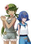  :d arms_behind_back bangs bare_arms bare_shoulders blue_hair blue_sailor_collar blue_shorts blush collarbone cowboy_shot cutoffs dark_skin expressionless eyebrows_visible_through_hair flower green_eyes green_hair hair_flower hair_ornament headband height_difference highres long_hair looking_at_viewer low_twintails mao_(pokemon) multiple_girls open_mouth overall_shorts own_hands_together pokemon pokemon_(game) pokemon_sm redpoke round_teeth sailor_collar shirt short_hair shorts simple_background sleeveless sleeveless_shirt smile standing suiren_(pokemon) swept_bangs swimsuit swimsuit_under_clothes tareme teeth twintails white_background white_shirt 
