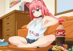  ahoge animal_ears barefoot bedroom blue_eyes cat_ears chips choker coca-cola commentary_request flat_chest food hand_under_clothes hand_under_shirt hinata_channel indian_style iromeki_overdrive long_hair low_twintails nekomiya_hinata pillow pink_hair potato_chips shirt shorts sitting solo tank_top tissue_box twintails virtual_youtuber 