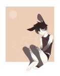  4_toes anthro black_hair boxers_(clothing) clothed clothing ear_piercing fur grey_fur hair lagomorph looking_at_viewer male mammal markings matt_donovan piercing rabbit shirt simple_background sitting sleeveless solo soykasloyka toes underwear white_fur 