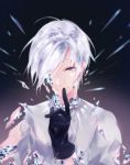  androgynous antarcticite bad_id bad_pixiv_id banned_artist breaking broken crack finger_to_mouth gem gloves hair_over_one_eye houseki_no_kuni looking_at_viewer morino_itsuki shards short_hair smile solo upper_body white_eyes white_hair 
