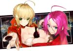  ahoge alcohol between_breasts blonde_hair blue_eyes bottle breast_press breasts cleavage closed_mouth cup drinking_glass epaulettes facial_scar fate/extra fate_(series) francis_drake_(fate) green_eyes highres long_hair looking_at_viewer medium_breasts multiple_girls nero_claudius_(fate) nero_claudius_(fate)_(all) pink_hair scar short_hair smile symmetrical_docking utayoi_(umakatare) wine wine_bottle wine_glass 