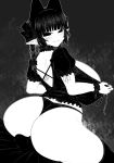  animal_ears ass back bangs blunt_bangs blush bow braid breasts cat_ears choker closed_mouth curvy extra_ears frills greyscale hair_bow haseru_(ginku_mh) huge_ass huge_breasts kaenbyou_rin long_hair looking_back monochrome no_nose open_clothes open_shirt outline panties phallic_symbol pointy_ears puffy_short_sleeves puffy_sleeves ribbon short_sleeves sidelocks smile solo thick_thighs thighhighs thighs thong touhou twin_braids underwear white_outline wristband 