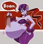  belly big_belly breasts butt cleavage clothed clothing ear_piercing female human looking_at_viewer mammal melee_weapon not_furry piercing red_eyes risky_boots shantae_(series) simple_background solo susfishous sword text video_games weapon 