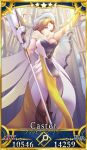  alternate_hairstyle beret blonde_hair blue_eyes breasts card_(medium) card_parody cleavage commentary crossover dress fate/grand_order fate_(series) greaves hat large_breasts long_dress long_hair mercy_(overwatch) overwatch pelvic_curtain servant_card_(fate/grand_order) solo staff vambraces wings zikau 