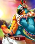  2017 amber_eyes anthro avian beak belt black_beak breath_of_the_wild clothed clothing digital_media_(artwork) feathers hi_res humanoid_penis inuki kass_(zelda) looking_at_viewer male multicolored_feathers nintendo penis rito solo the_legend_of_zelda video_games 