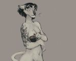  anthro beverage black_hair breasts coffee feline female green_eyes hair hriscia lion mammal nipples nude short_hair simple_background solo tattoo traditional_media_(artwork) whiskers white_lion 