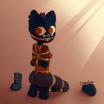  2018 anthro arms_bound bdsm bondage bound breasts butt cat clothed clothing creamgag feline female gag gagged mae_(nitw) mammal night_in_the_woods rope solo 