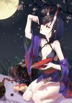  alcohol bare_shoulders blueberry cherry collarbone commentary_request cup fate/grand_order fate_(series) food fruit full_moon holding holding_food horns hujitaumi japanese_clothes kimono moon night night_sky off_shoulder oni oni_horns open_clothes open_kimono outdoors petals print_kimono purple_eyes purple_hair purple_kimono revealing_clothes sakazuki sake seiza short_hair short_kimono shuten_douji_(fate/grand_order) sitting sky solo spilling tree 