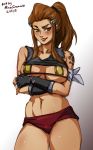  bandaged_arm bandages blush breasts brigitte_(overwatch) brown_eyes brown_hair crossed_arms fingerless_gloves freckles gloves hair_ornament hairclip large_breasts lips long_hair micro_bikini_top mina_cream navel overwatch ponytail shirt_lift short_shorts shorts shoulder_tattoo sidelocks solo standing swimsuit swimsuit_under_clothes tank_top tattoo thighs underboob 