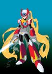  1boy android artist_request beam_sword blonde_hair blue_background blue_eyes capcom dated full_body gloves gradient gradient_background helmet holding holding_weapon laser_blade lightsaber long_hair male_focus rockman rockman_x signature solo standing sword weapon white_gloves zero_(rockman) 