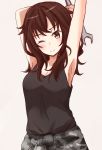  absurdres arm_behind_head armpits arms_up bangs bare_arms bare_shoulders beige_background black_tank_top blush breasts brown_eyes brown_hair camouflage cleavage eyebrows_visible_through_hair high_school_fleet highres holding holding_wrench kapatarou kuroki_hiromi medium_breasts solo stretch tank_top upper_body wrench 