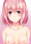  bangs blush breasts collarbone dated eyebrows_visible_through_hair looking_at_viewer medium_breasts momo_velia_deviluke nipples nude pink_hair purple_eyes short_hair signature simple_background smile solo standing to_love-ru upper_body zeroonethousand 