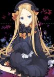  abigail_williams_(fate/grand_order) bangs black_bow black_dress black_footwear black_hat blonde_hair blue_eyes bow bug butterfly dress eyebrows_visible_through_hair fate/grand_order fate_(series) forehead hair_bow hat head_tilt highres insect long_hair long_sleeves looking_at_viewer mary_janes nikame orange_bow parted_bangs parted_lips polka_dot polka_dot_bow shoes sitting sleeves_past_fingers sleeves_past_wrists solo very_long_hair 