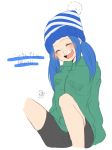  :d ^_^ ^o^ bike_shorts black_shorts blue_hair bobble-chan_(splatoon) bobblehat closed_eyes commentary_request green_jacket humanization jacket mochunabeeeee open_mouth pointy_ears shorts sidelocks simple_background sitting smile solo splatoon_(manga) splatoon_(series) translation_request 