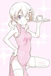  ;q animal_print bangs bare_arms bare_shoulders blush breasts bunny_print china_dress chinese_clothes closed_mouth coffee cup dress eyebrows_visible_through_hair gochuumon_wa_usagi_desu_ka? hair_between_eyes hair_ornament hairclip hand_on_hip holding holding_tray hoto_cocoa itamochi long_hair low_twintails medium_breasts one_eye_closed partially_colored pelvic_curtain pink_background pink_dress print_dress purple_eyes saucer sleeveless sleeveless_dress smile solo sparkle standing standing_on_one_leg teacup thighhighs tongue tongue_out tray twintails 