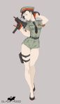  absurdres bare_legs black_hood character_name ear_piercing gloves gun hat highres kamezaemon military military_hat military_uniform multicolored_hair necktie original piercing pinky_out short_hair short_shorts shorts solo submachine_gun thigh_gap thigh_strap uniform weapon 