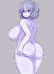  ass back blush breasts commentary covering covering_breasts cowboy_shot eyebrows_visible_through_hair from_behind grey_background grey_hair hair_between_eyes highres huge_breasts lich_(monster_girl_encyclopedia) looking_at_viewer looking_back monster_girl_encyclopedia nav nude open_mouth purple_eyes shoulder_blades simple_background solo thick_thighs thighs white_skin 