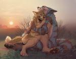  2018 anthro black_fur black_nose blue_fur brown_pawpads canine coyote day detailed_background digital_media_(artwork) digitigrade duo eyes_closed fur grass grey_nose kero_tzuki male mammal nude outside pawpads sky smile sun tan_fur 