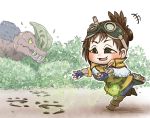 1girl :3 anjanath book boots brown_hair bush capelet chamaji commentary_request fingerless_gloves footprints gloves goggles goggles_on_head grey_eyes handler_(monster_hunter_world) highres long_sleeves monster_hunter monster_hunter:_world open_mouth outdoors outstretched_arms short_hair sparkle 